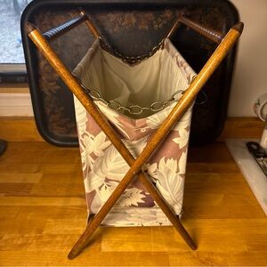 Floral Fabric and Wood Yarn Sewing Holder Basket MCM Foldable Quality Wood Frame